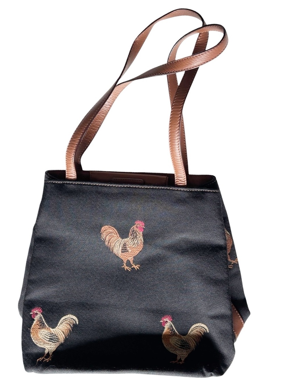 Talbots vintage black woven embroidered roster shoulder tote bag with brown trim - Picture 4 of 15